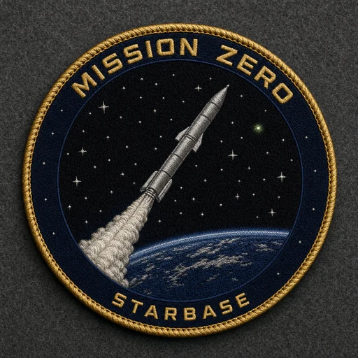 Mission Zero patch: a launch vehicle over the Earth limb with one unexplained green light