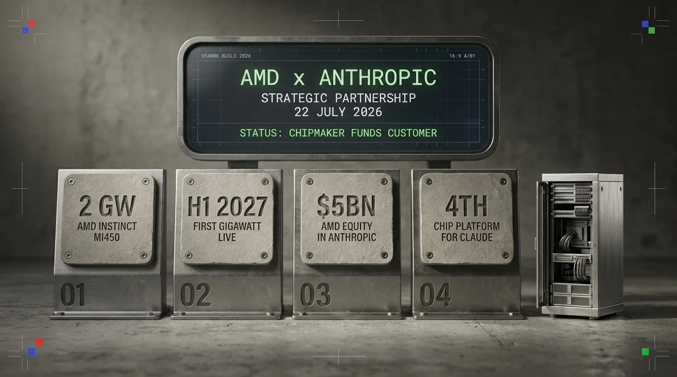 Diorama infographic: AMD and Anthropic strategic partnership, 22 July 2026. Engraved plinths read up to 2 GW of AMD Instinct MI450, first gigawatt live in H1 2027, up to $5bn of AMD equity in Anthropic, and AMD as the fourth chip platform for Claude. The chipmaker funds its own customer.