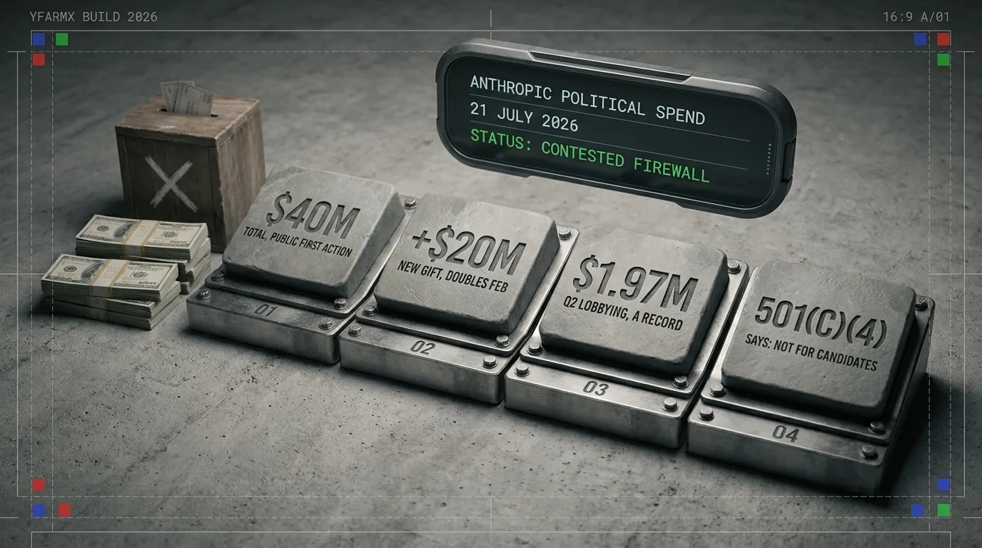 Diorama infographic: Anthropic political spending, 21 July 2026. Engraved plinths read $40m total to Public First Action, a new $20m gift doubling February’s, $1.97m of Q2 federal lobbying, and a 501(c)(4) that Anthropic says is not for candidates. A contested firewall.