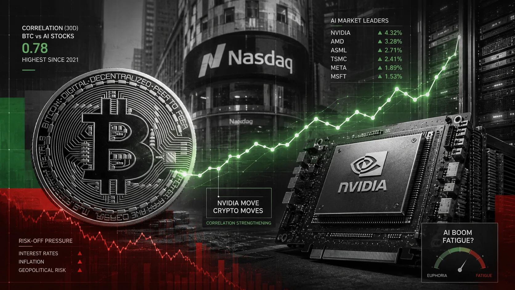 Editorial illustration for Bitcoin AI stocks correlation: crypto's new problem is Nvidia's mood