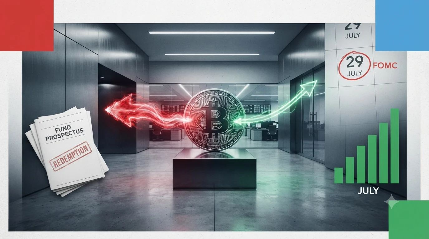 A bitcoin disc in an institutional lobby with a heavy red outflow trail to the left and a thinner green inflow trail to the right, a REDEMPTION document stack and a 29 July FOMC calendar