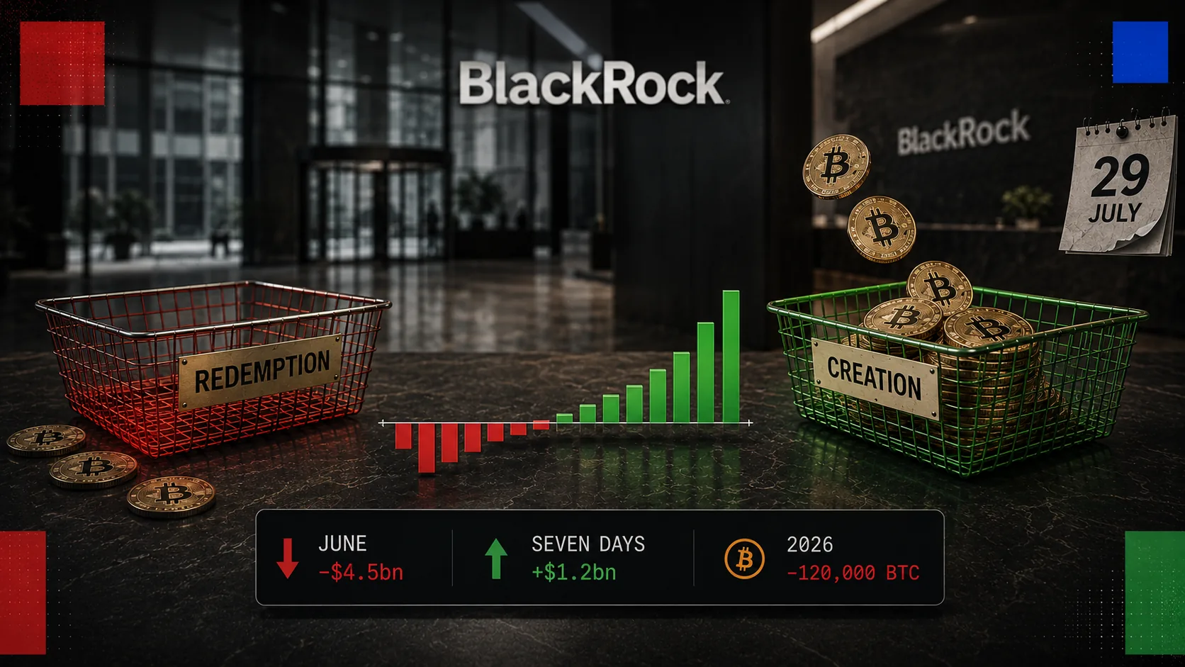 A BlackRock lobby with a red REDEMPTION basket and a green CREATION basket full of bitcoin, a bar chart turning from red to green, a 29 July calendar, and figures reading June down $4.5bn, seven days up $1.2bn and 2026 down 120,000 BTC