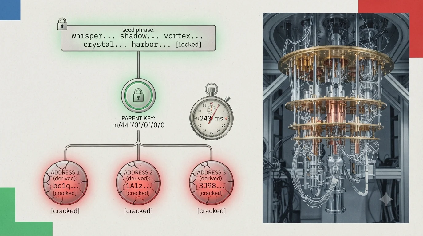 A BIP-32 derivation tree with a locked seed phrase and parent key intact in green and three cracked child addresses in red, beside a stopwatch reading 243 ms and a quantum computer