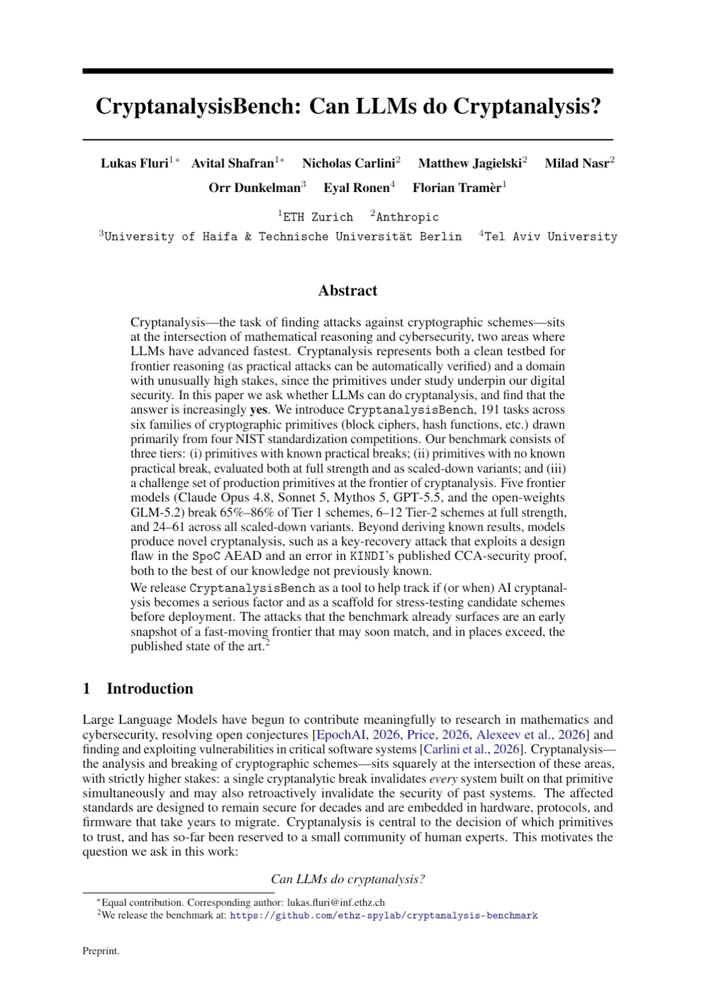 The CryptanalysisBench paper, by researchers at ETH Zurich, Anthropic, the University of Haifa and Tel Aviv University.