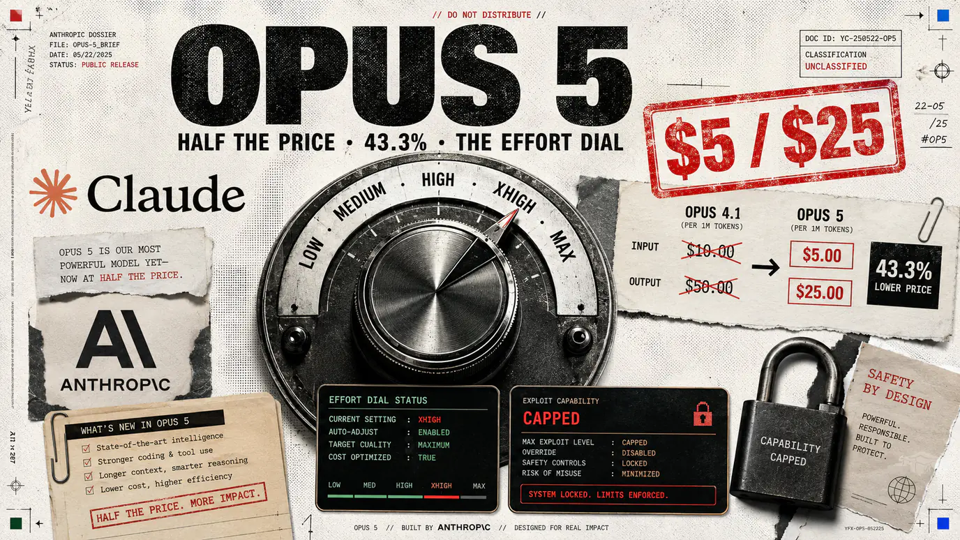 Claude Opus 5 dossier cover: a five-position effort dial reading low, medium, high, xhigh and max turned to xhigh, a red $5 / $25 price stamp for Anthropic's per-million-token pricing, the Claude and Anthropic logos, and a padlock marked capability capped for the model's limited exploit-writing.
