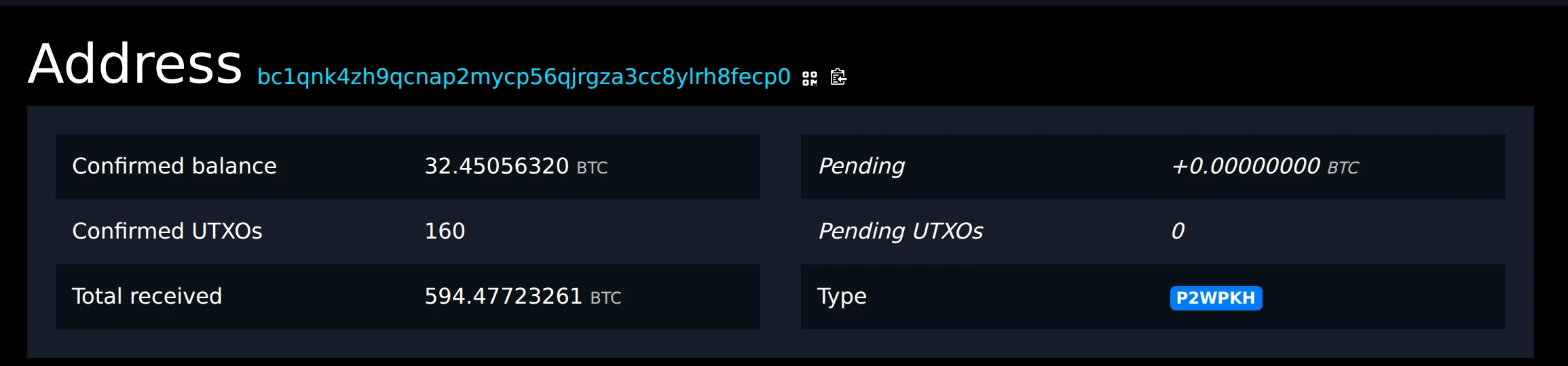 The mempool.space page for the consolidating address, showing a confirmed balance of 32.45056320 BTC, 160 confirmed unspent outputs, a total received of 594.47723261 BTC, and the address type P2WPKH.