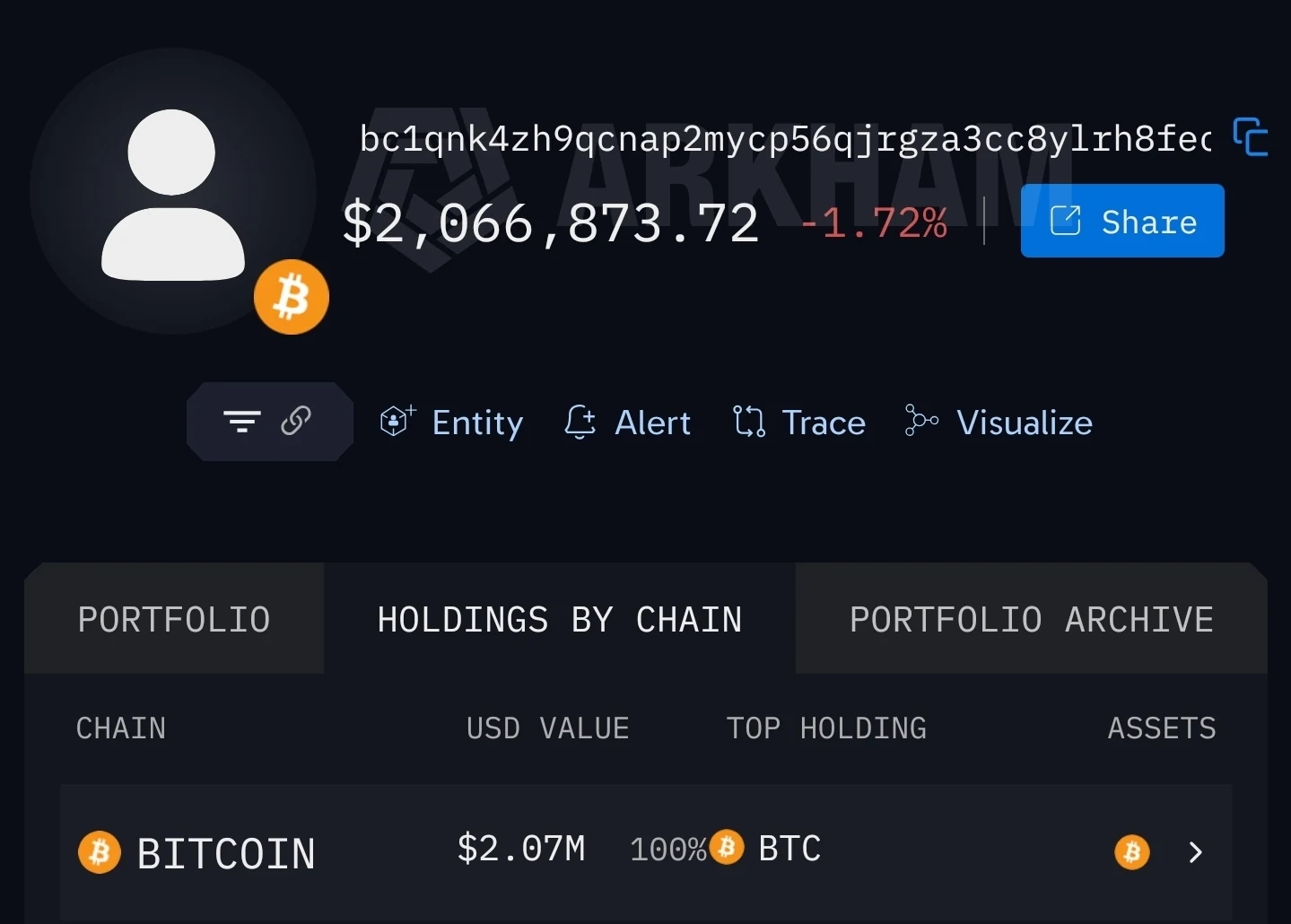 Arkham’s portfolio view of the consolidating address, showing a balance of $2,066,873.72, held one hundred per cent in bitcoin.
