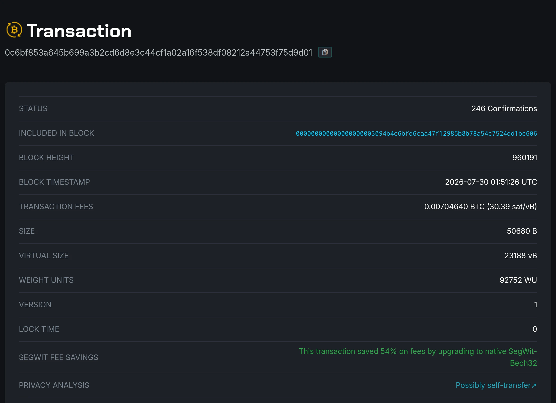 The Blockstream explorer page for the consolidating transaction, showing block height 960191, a block timestamp of 2026-07-30 01:51:26 UTC, a fee of 0.00704640 BTC at 30.39 satoshis per virtual byte, a size of 50,680 bytes and a virtual size of 23,188 virtual bytes.