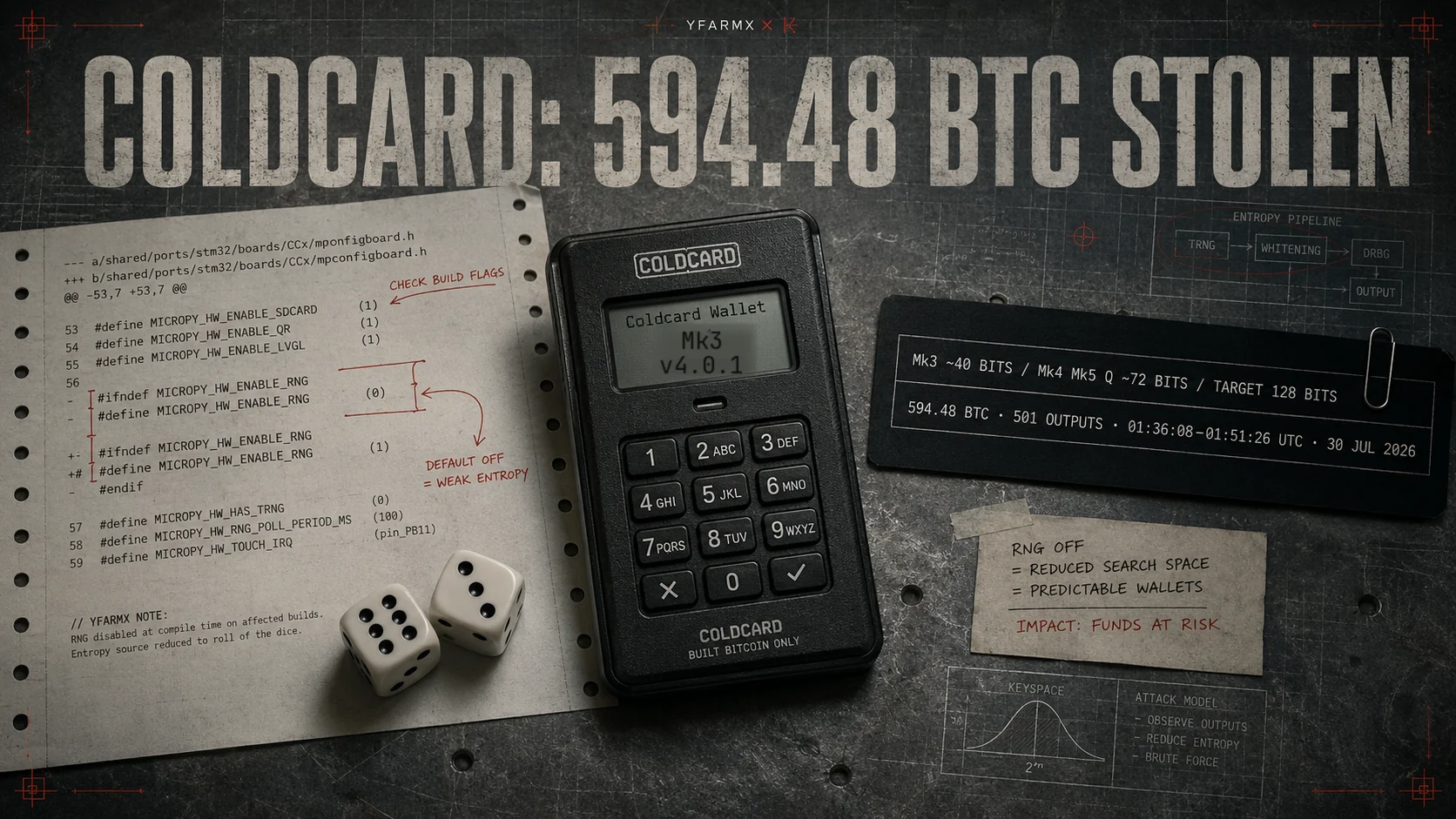 Editorial collage headlined COLDCARD: THE RANDOMNESS THAT WAS NOT. A Coldcard hardware wallet beside a printed firmware diff showing the line hash ifndef MICROPY_HW_ENABLE_RNG with a red stamp reading SET TO 0, a pair of dice, and data panels giving 40 bits for Mk3, 72 bits for Mk4, Mk5 and Q, a 128-bit target, and 594.48 BTC swept from 501 outputs between 01:36:08 and 01:51:26 UTC on 30 July 2026.