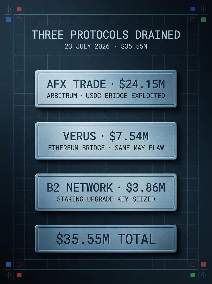 A portrait infographic of the three crypto protocols drained on 23 July 2026: AFX Trade $24.15m (Arbitrum, USDC bridge exploited), Verus $7.54m (Ethereum bridge, same May flaw) and B² Network $3.86m (staking upgrade key seized), totalling $35.55m.
