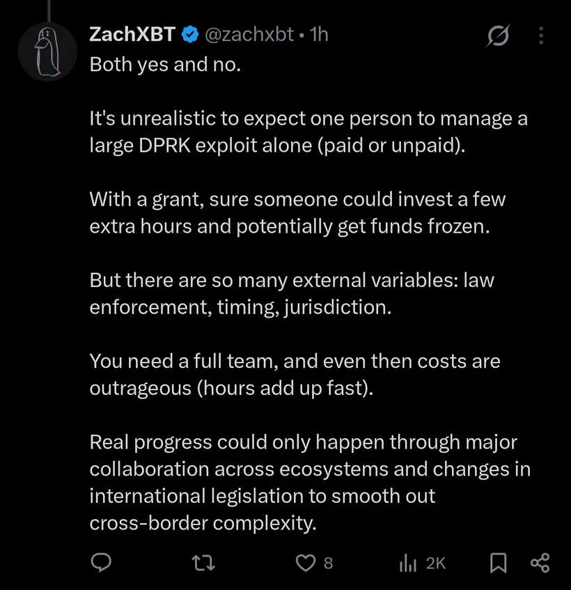 ZachXBT post: it is unrealistic to expect one person to manage a large DPRK exploit alone; getting funds frozen depends on law enforcement, timing and jurisdiction, it needs a full team at high cost, and real progress would require collaboration across ecosystems and changes to international law.