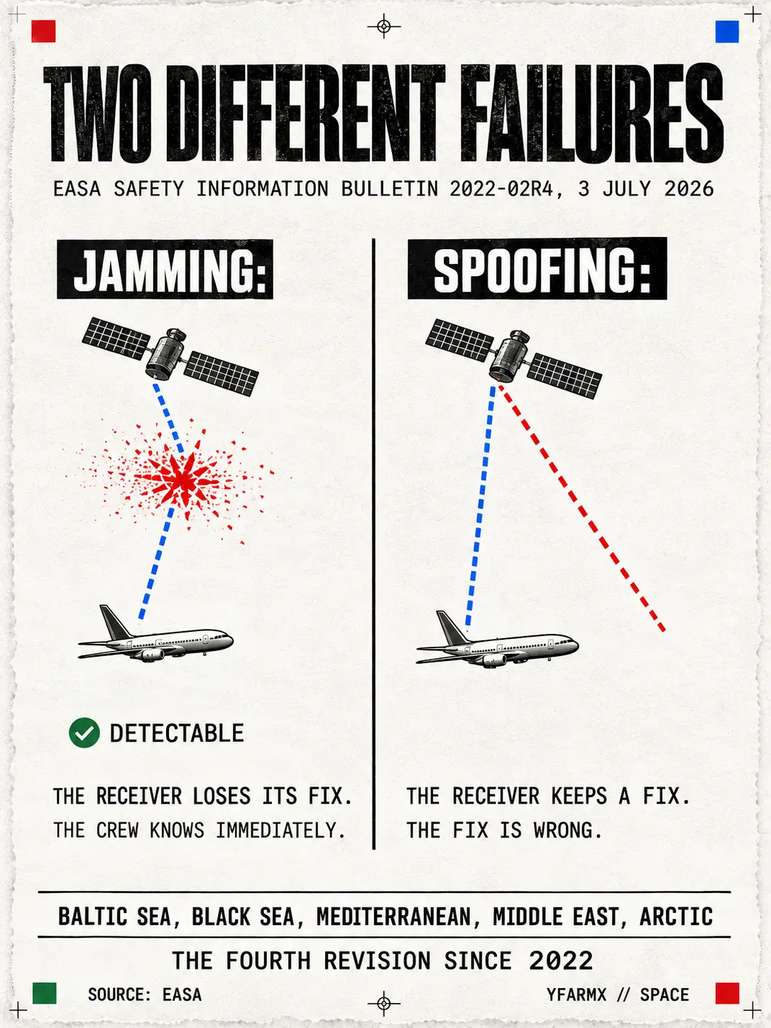 Infographic: two columns comparing jamming, where the receiver loses its fix and the crew knows, with spoofing, where the receiver keeps a wrong fix, above the affected regions from the Baltic to the Arctic and the note that this is the fourth revision since 2022