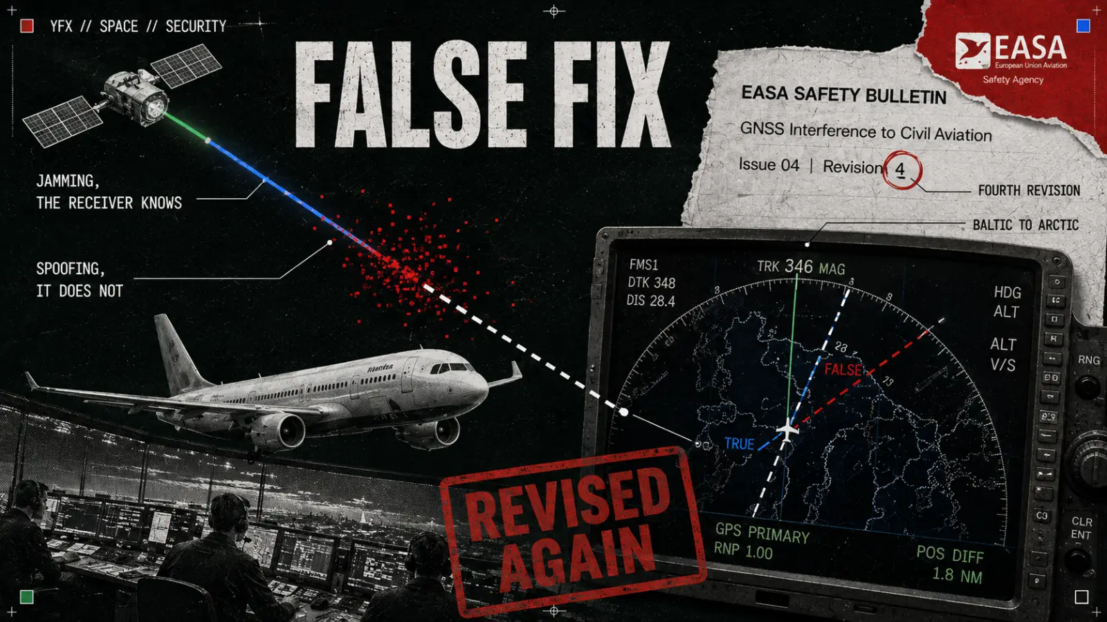 Collage: a navigation satellite signal breaking into red interference above an airliner, a cockpit display showing a true and a false track diverging, and the EASA bulletin with its fourth revision ringed
