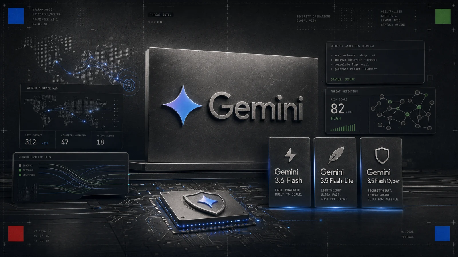 A Gemini security-operations dashboard showing the three new Flash models: 3.6 Flash, 3.5 Flash-Lite and 3.5 Flash Cyber.