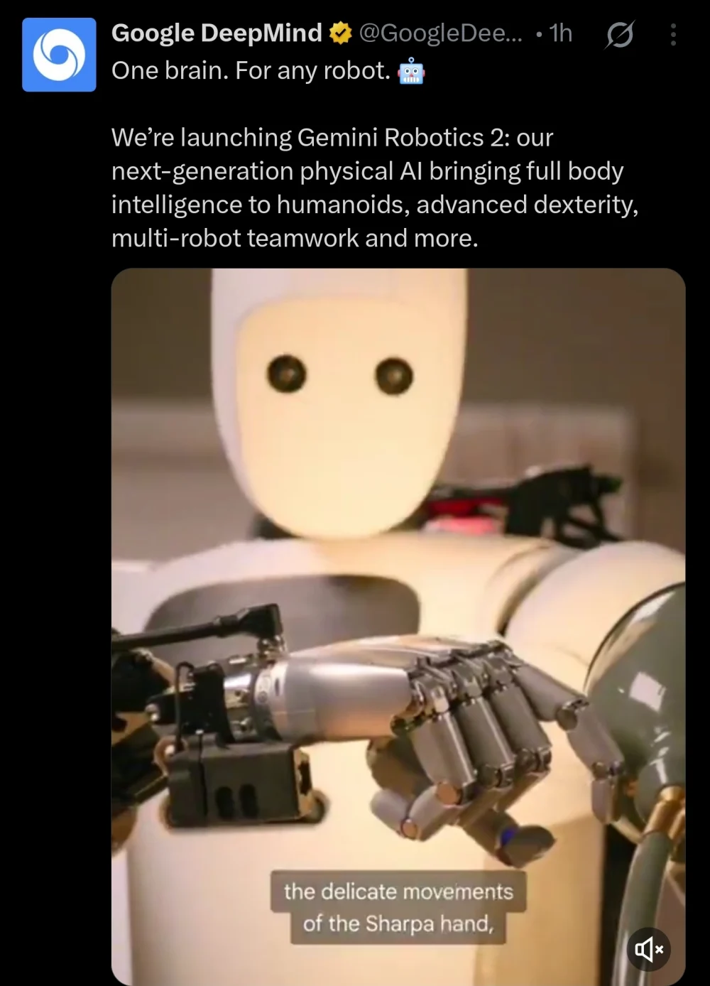The Google DeepMind launch post of 30 July 2026, reading “One brain. For any robot.” above the announcement of Gemini Robotics 2