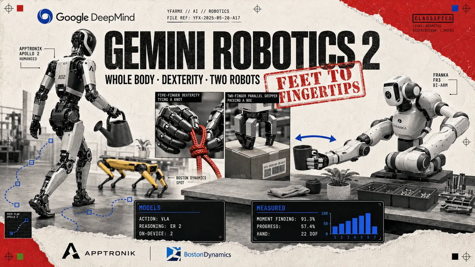 Photo collage: Apptronik's Apollo 2 humanoid walking with a watering can, a Boston Dynamics Spot quadruped, a Franka bi-arm robot passing a mug, and close-ups of a five-finger hand tying a knot and a two-finger gripper packing a box, over panels listing the three models and the measured scores