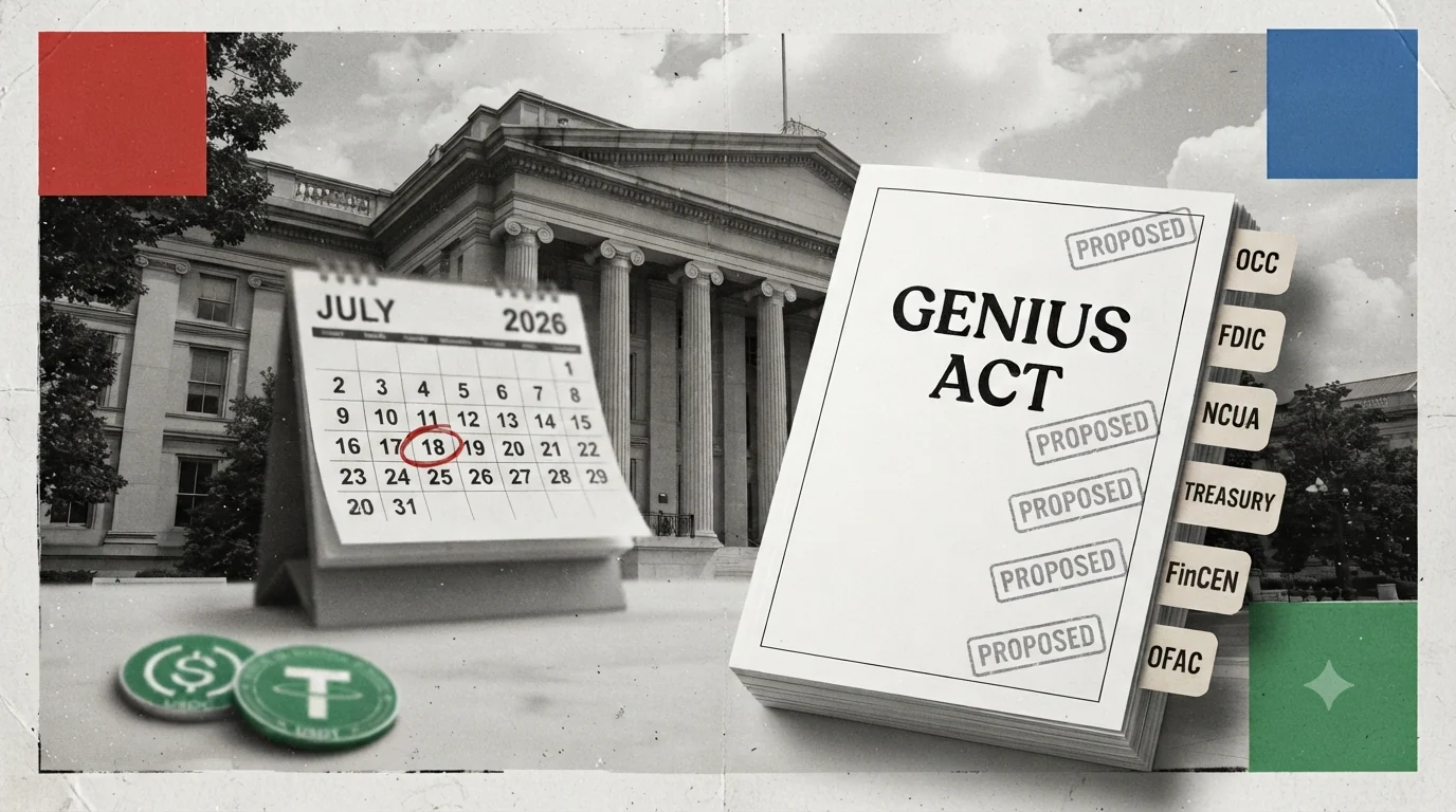 US Treasury building behind a GENIUS Act document with six agency tabs each stamped PROPOSED, and a July 2026 calendar with the 18th circled in red