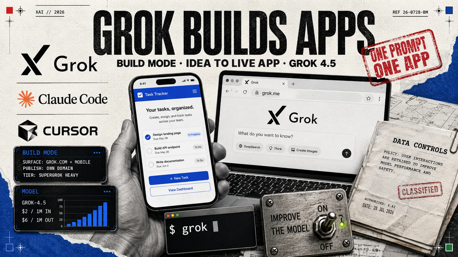 Cyber-dossier collage of Grok Build mode: the Grok wordmark, a phone showing a finished task-tracker app, a laptop browser at grok.me and a data panel reading GROK-4.5