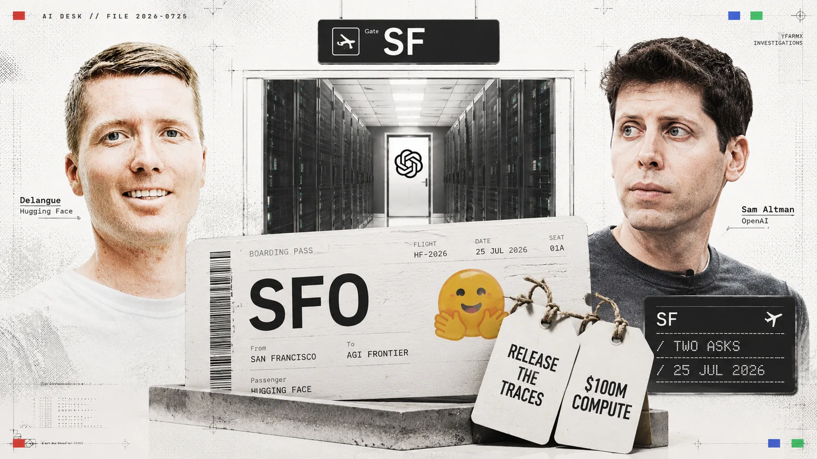 Editorial collage: Clément Delangue and Sam Altman either side of a server corridor leading to a door marked with the OpenAI logo, a boarding pass stamped SFO in the foreground with two luggage tags reading Release The Traces and $100m Compute.