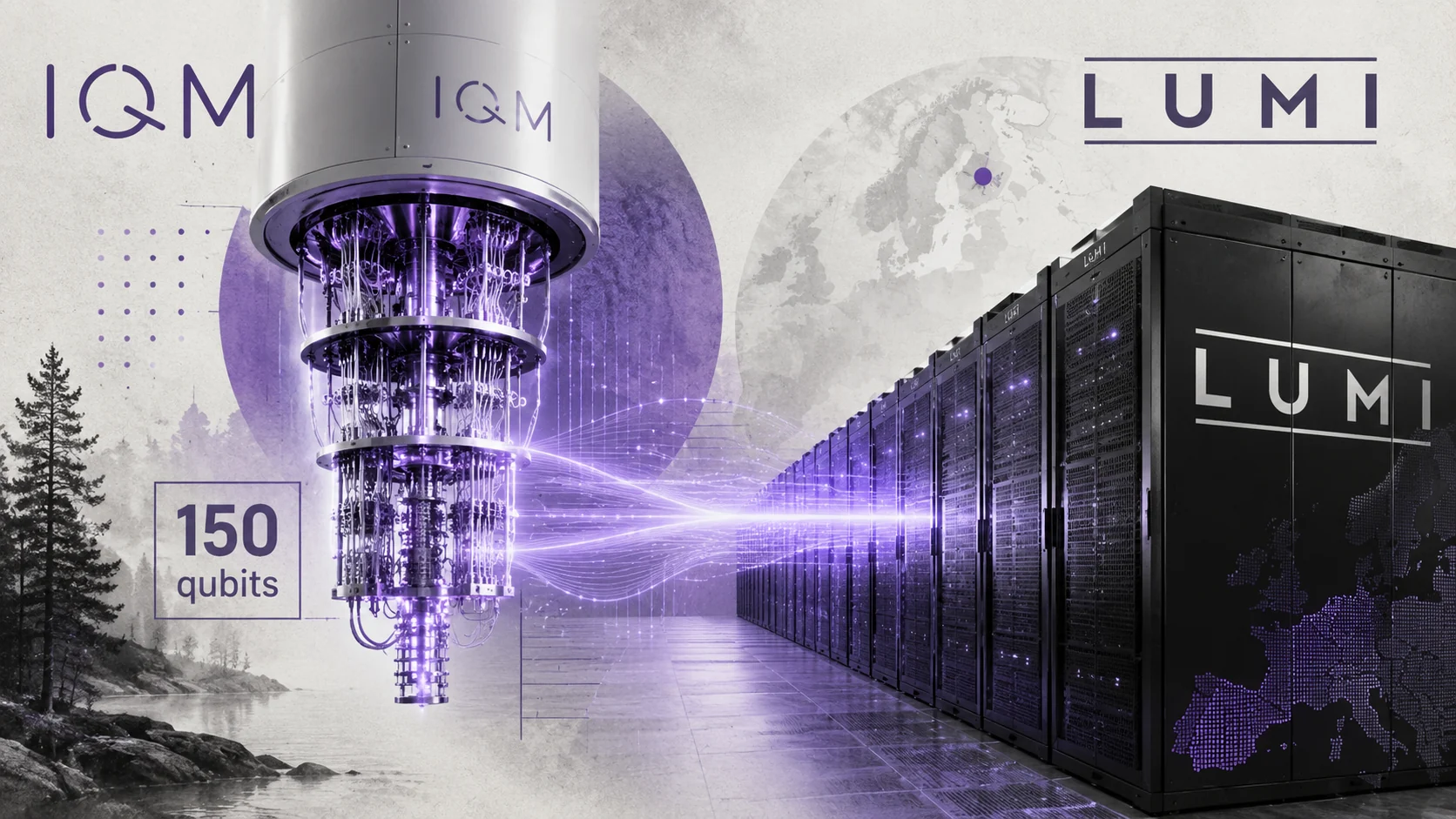 Editorial illustration for IQM LUMI AI Factory Contract Puts 150 Qubits Beside A Supercomputer