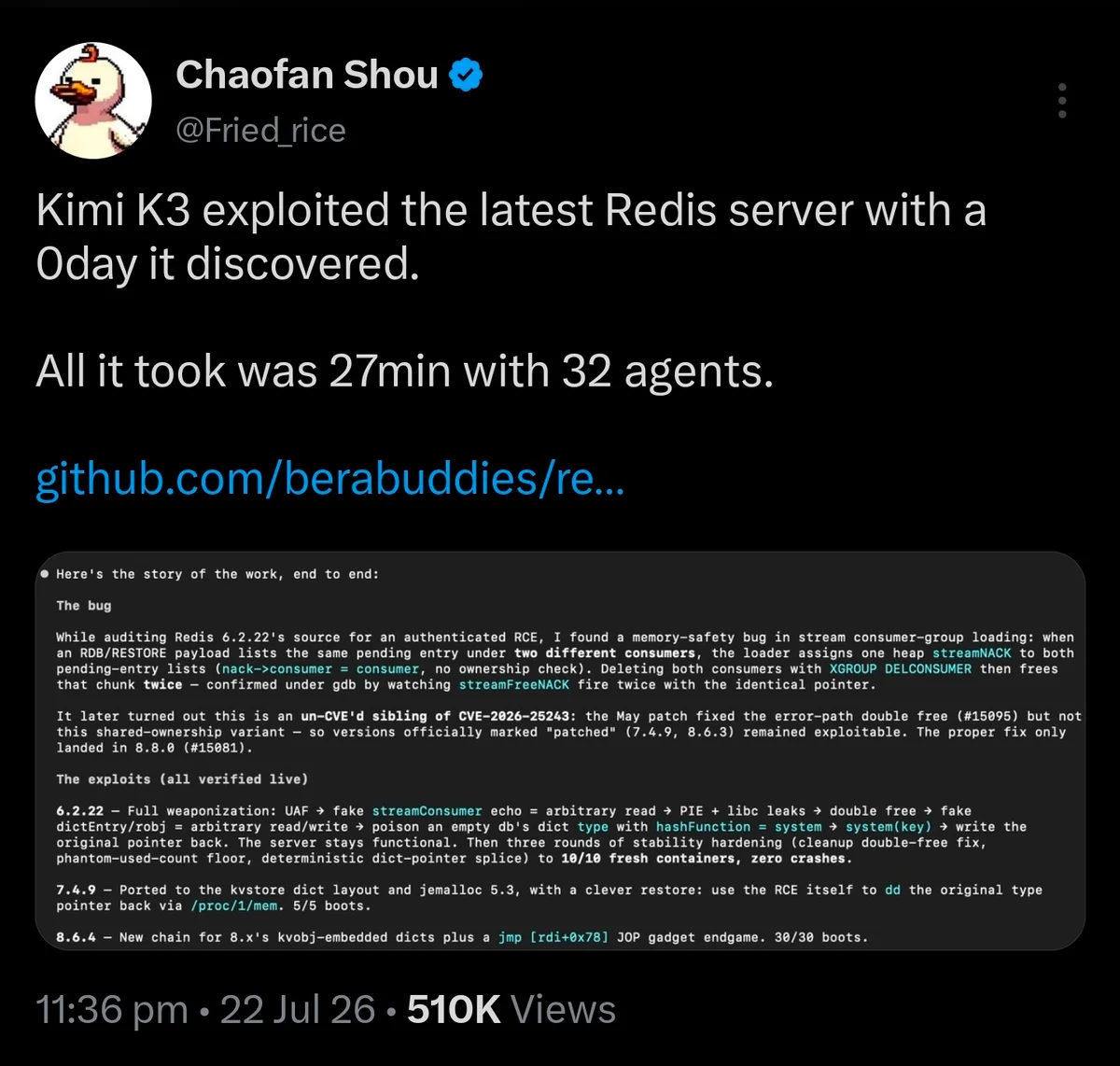 Chaofan Shou’s post on 22 July 2026 reporting that Moonshot AI’s Kimi K3 found and exploited a zero-day in the latest Redis server in 27 minutes with 32 agents, with a technical writeup of the bug and a link to the GitHub proof of concept.