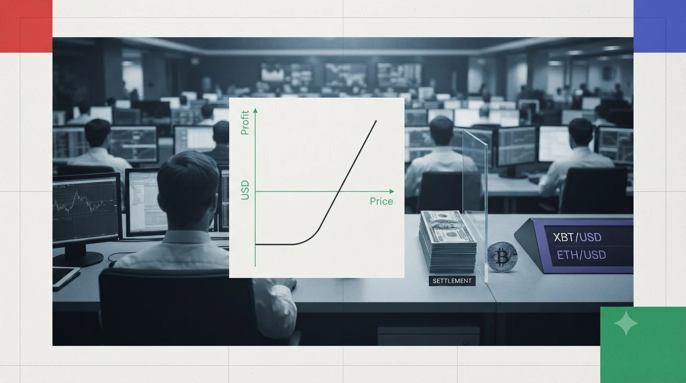 An institutional trading floor with an options payoff hockey-stick diagram labelled USD, a divide between dollar notes and a bitcoin disc, and an XBT/USD and ETH/USD ticker