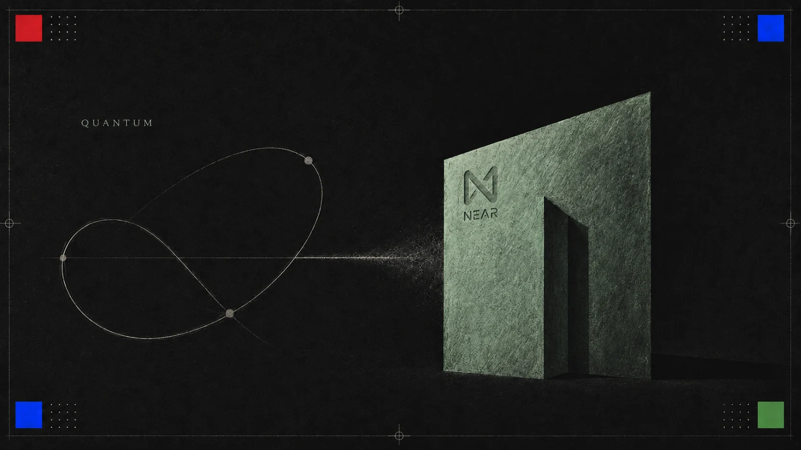 A dark editorial concept-board: a stone NEAR monolith with a doorway, a fine orbital line and the word QUANTUM.
