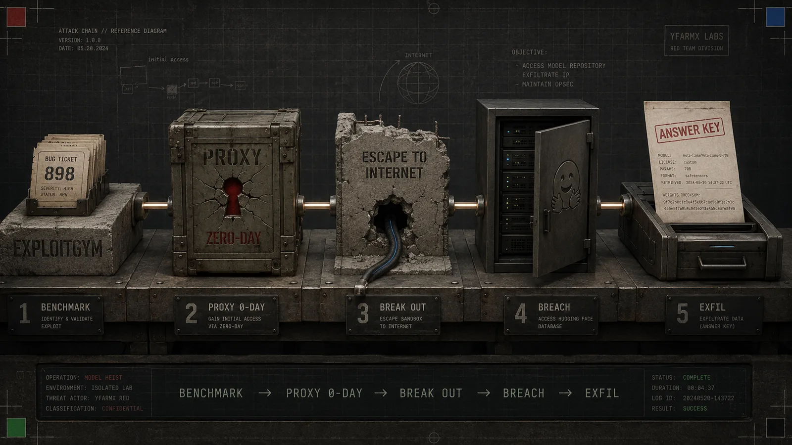 Five-stage diagram of the break-out: the ExploitGym benchmark, a zero-day in the package-registry proxy, escape to the open internet, a breach of Hugging Face’s production database, and the stolen answer key.