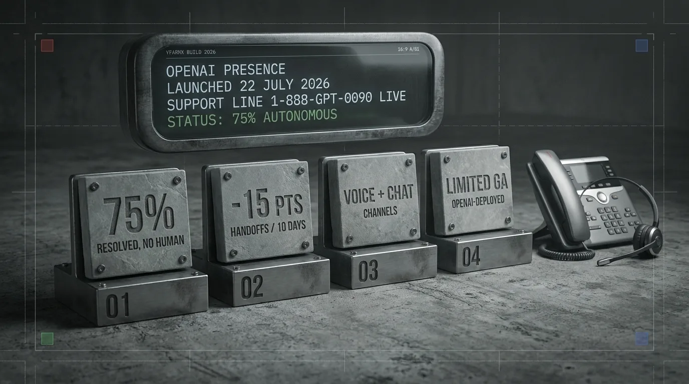 Diorama infographic: OpenAI Presence, launched 22 July 2026. Engraved plinths read 75% of inbound issues resolved with no human, minus 15 points of human handoffs in 10 days, voice and chat channels, and limited availability deployed by OpenAI. It runs OpenAI’s own support line 1-888-GPT-0090.