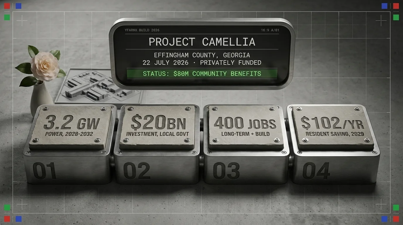 Diorama infographic: Project Camellia, Effingham County, Georgia, 22 July 2026. Engraved plinths read 3.2 GW of power phased 2028 to 2032, a $20bn investment per local government, 400 long-term jobs plus construction, and about $102 a year saving for a typical resident from 2029. Privately funded, with $80m in community benefits.