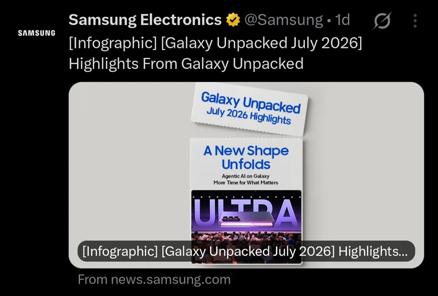Samsung’s own Galaxy Unpacked July 2026 highlights, posted to its official X account and pointing to news.samsung.com: a new foldable shape, agentic AI on Galaxy and the Ultra line. Stablecoins do not feature in Samsung’s published recap.