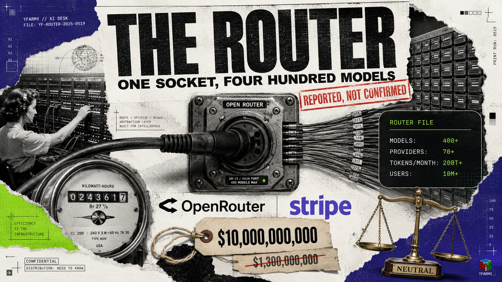 Editorial illustration: Stripe and OpenRouter acquisition talks, showing a single API socket routing requests to 400 AI models across 70 providers, with a 10 billion dollar price tag stamped unconfirmed.