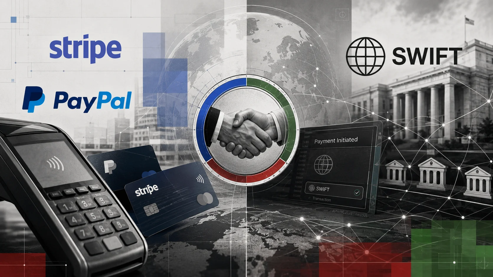 Editorial illustration for Stripe PayPal takeover bid meets Swift's blockchain push: the payments war goes nuclear