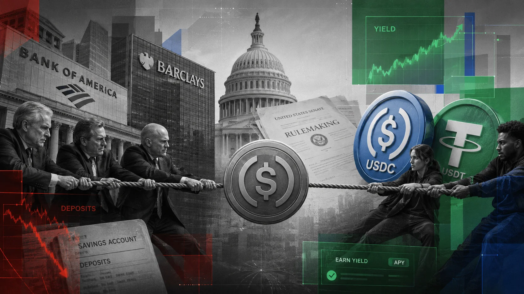 Editorial illustration for The stablecoin yield ban fight: six trillion dollars and a very nervous banking lobby