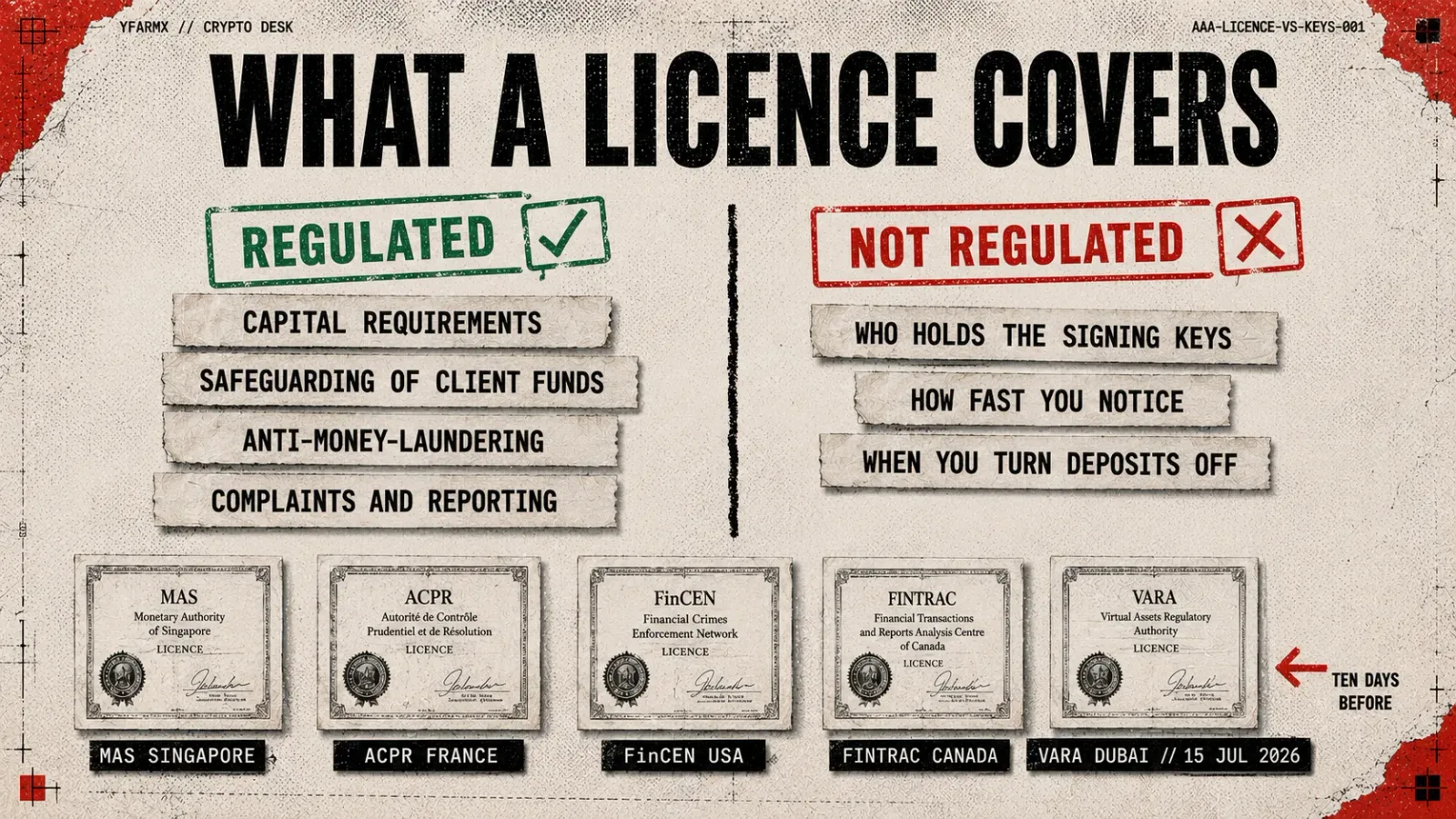 Infographic: what a licence covers and what it does not. Regulated, on the left, covers capital requirements, safeguarding of client funds, anti-money-laundering, and complaints and reporting. Not regulated, on the right, covers who holds the signing keys, how fast you notice, and when you turn deposits off. Along the bottom, the five authorisations Triple-A holds: MAS Singapore, ACPR France, FinCEN USA, FINTRAC Canada, and VARA Dubai granted in principle on 15 July 2026, ten days before the drain.