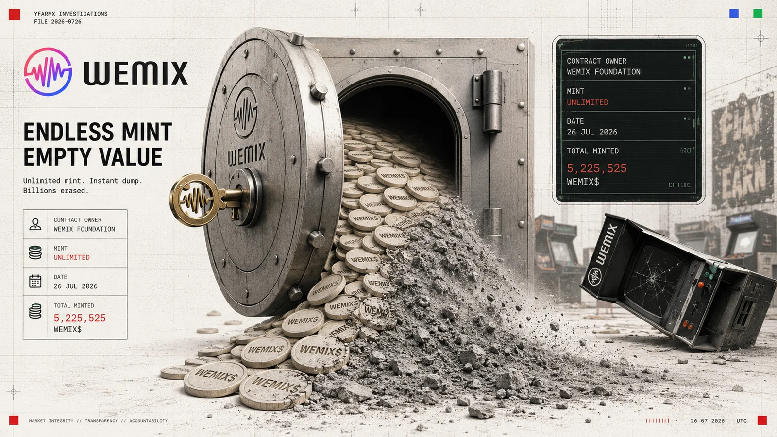 Editorial illustration: an open bank vault marked WEMIX spilling identical WEMIX$ coin blanks that crumble to ash, beside a readout listing contract owner, unlimited mint and a total of 5,225,525.