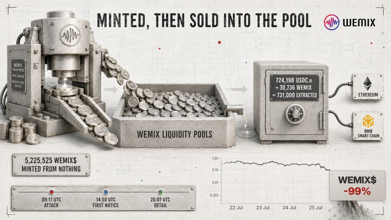 Infographic: a token press stamping 5,225,525 WEMIX$ minted from nothing, feeding into WEMIX liquidity pools, with only a thin trickle reaching a safe holding 724,198 USDC.e and 30,736 WEMIX, roughly $731,000 extracted, routed on to Ethereum and BNB Smart Chain. A timeline reads 09:17 UTC attack, 14:50 UTC first notice, 20:07 UTC detail, beside a price chart falling to a WEMIX$ loss of 99 per cent.