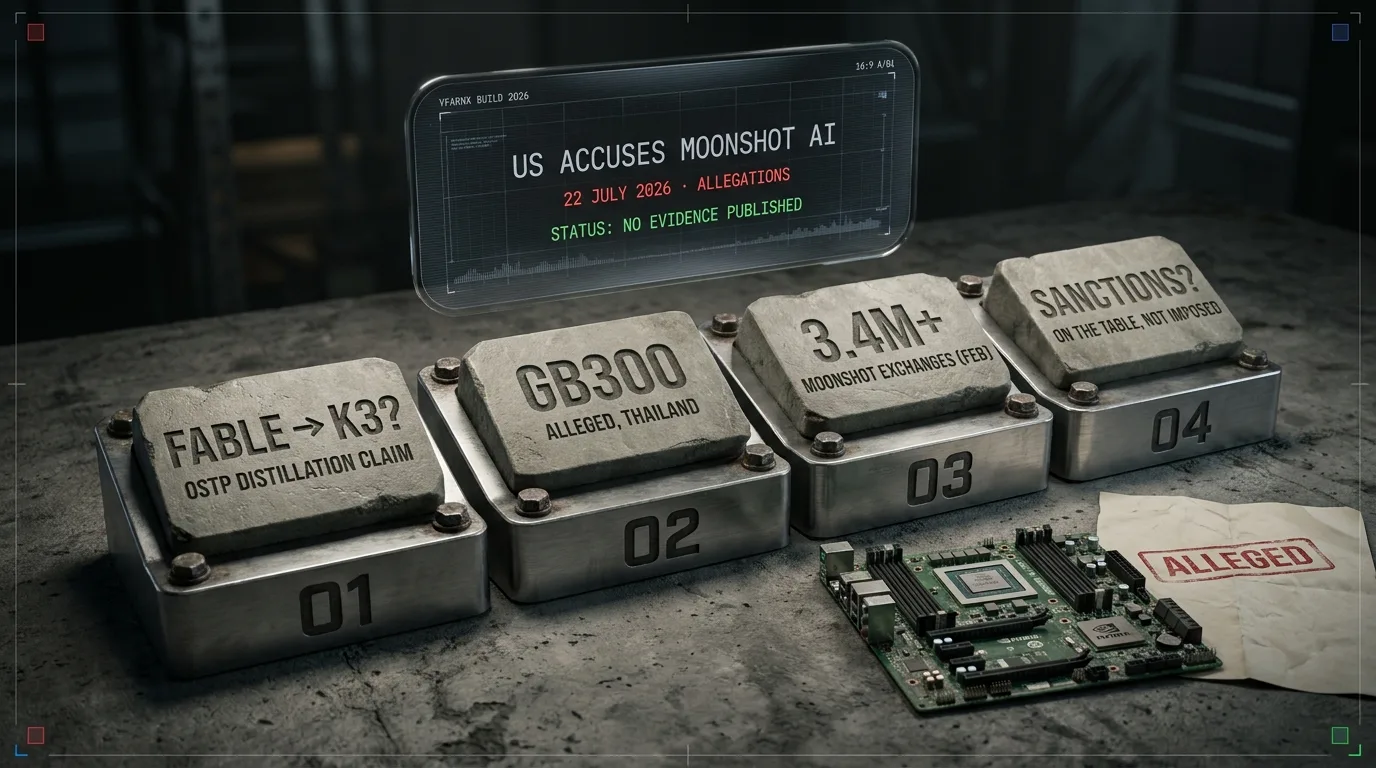 Diorama infographic: US accuses Moonshot AI, 22 July 2026, allegations. Engraved plinths read the OSTP claim that Moonshot distilled Anthropic’s Fable for K3, alleged GB300 access in Thailand, Moonshot’s 3.4 million-plus exchanges per Anthropic in February, and sanctions on the table but not imposed. No evidence published.