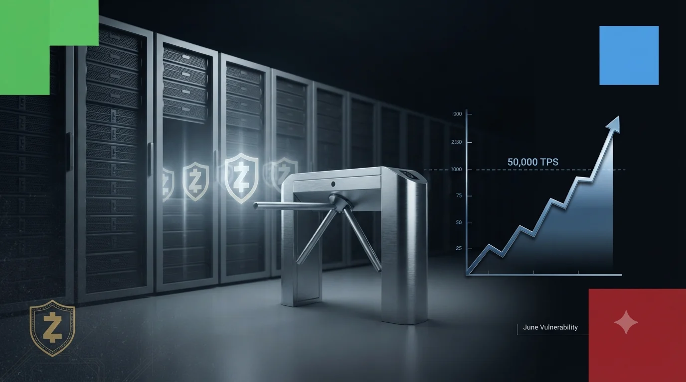 A bank of server racks with a metal turnstile gate and Zcash shield motifs, beside a line chart climbing toward a dashed 50,000 TPS line