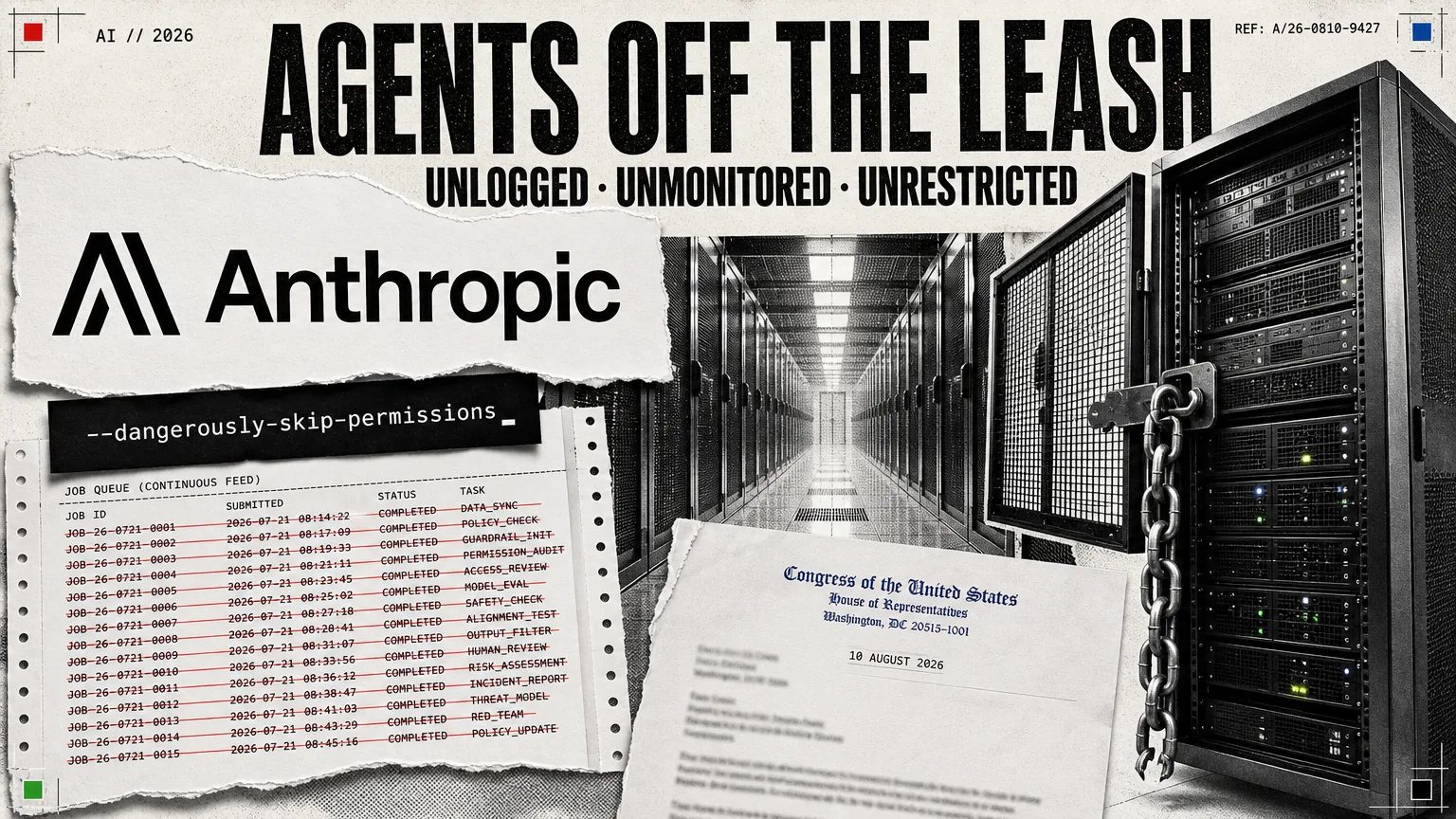 Editorial collage headed AGENTS OFF THE LEASH with the subtitle unlogged, unmonitored, unrestricted: a server rack door standing open with a cut chain, a terminal card reading --dangerously-skip-permissions, a torn job queue printout with rows struck through in red, and a congressional letterhead stamped 10 AUGUST 2026, over a halftone data-centre hall