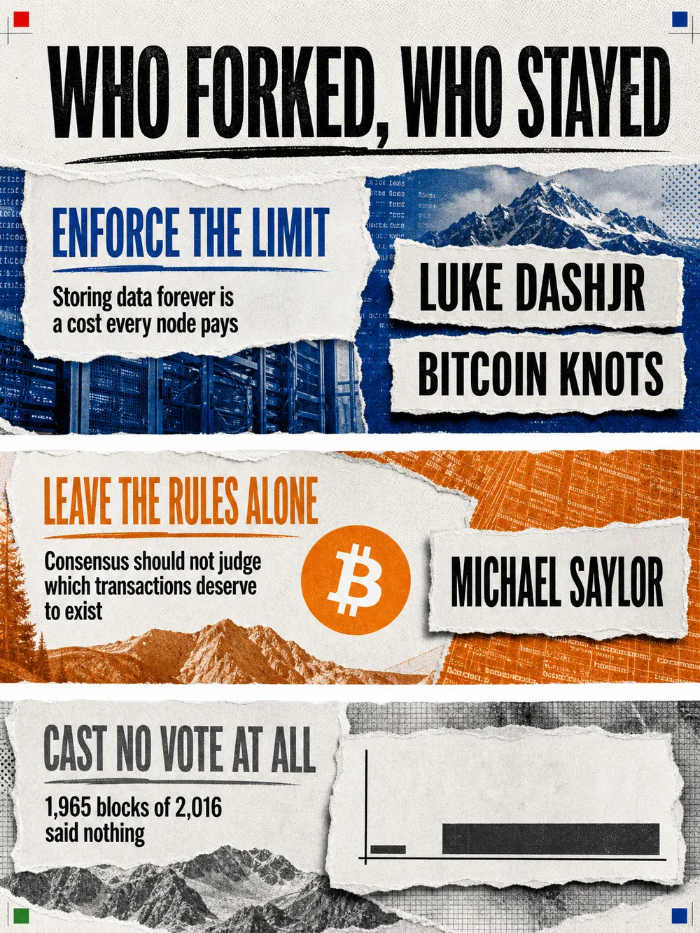Infographic: three positions on BIP-110. Enforce the limit, Luke Dashjr and Bitcoin Knots. Leave the rules alone, Michael Saylor. Cast no vote at all, with a bar chart showing 1,965 blocks of 2,016 saying nothing