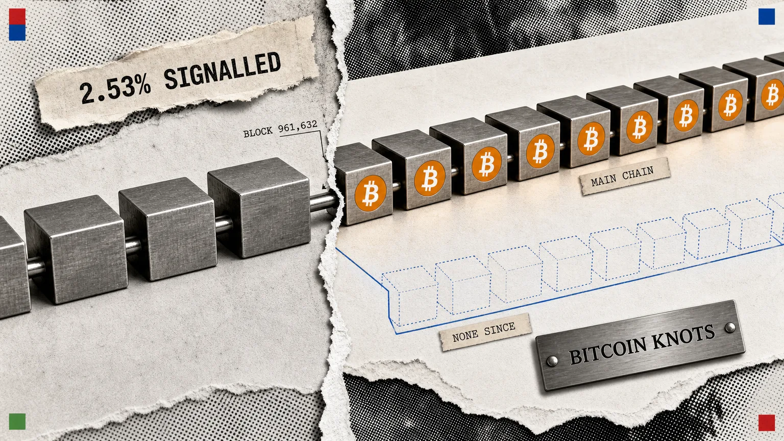 Illustration of a chain of metal blocks reaching block 961,632 and tearing: above the tear the main chain continues as solid blocks carrying the Bitcoin symbol, below it an empty dotted track marked none since runs beside a Bitcoin Knots plate