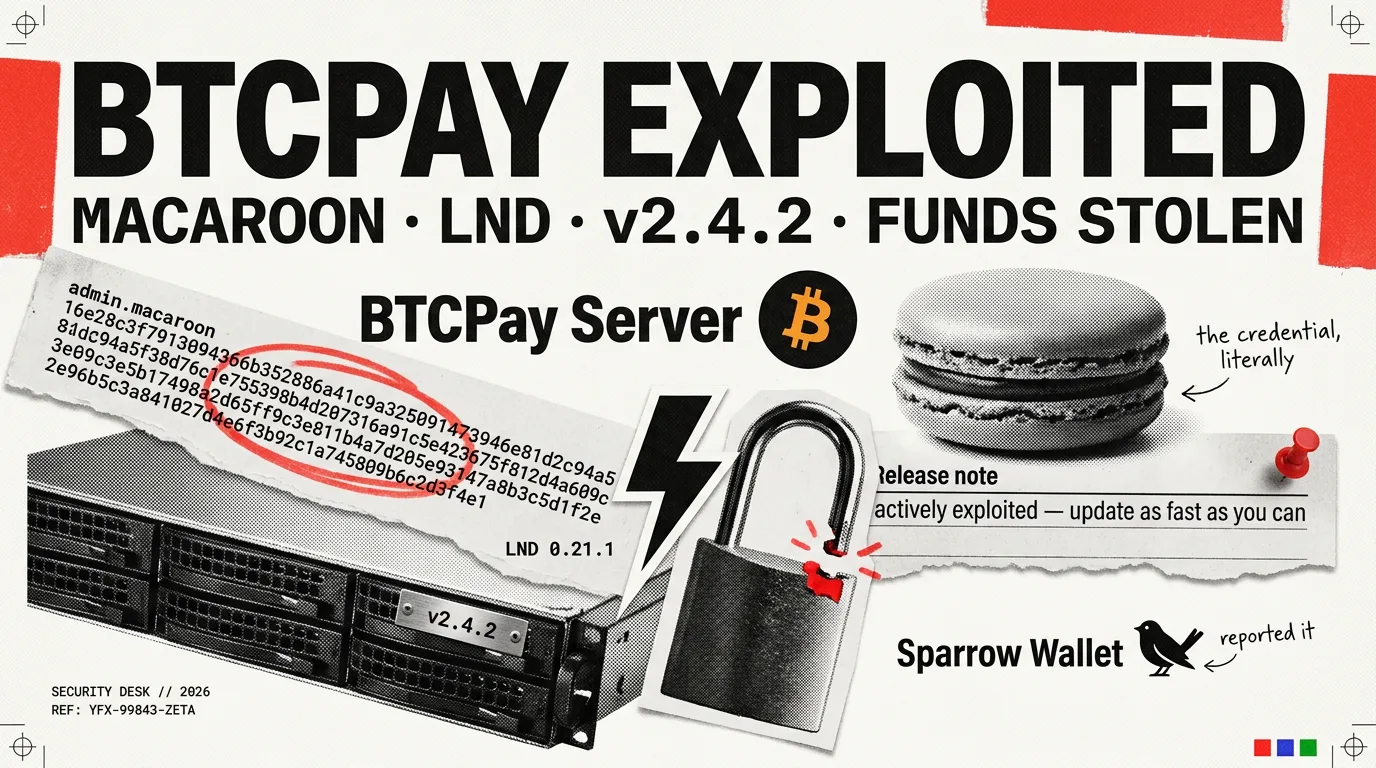 Collage: the BTCPay Server wordmark, a torn admin.macaroon file printed with hexadecimal, a macaron biscuit as the credential, a sprung padlock and a rack server plated v2.4.2