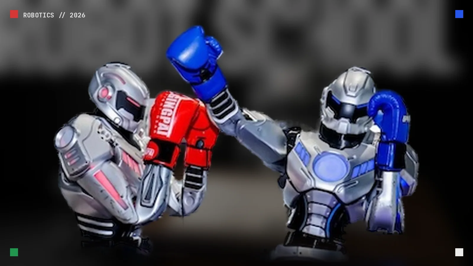 Two humanoid boxing robots, one with red gloves and one with blue, trading a punch in a Chinese exhibition hall, set against the dark studio of the Hangzhou Robot School