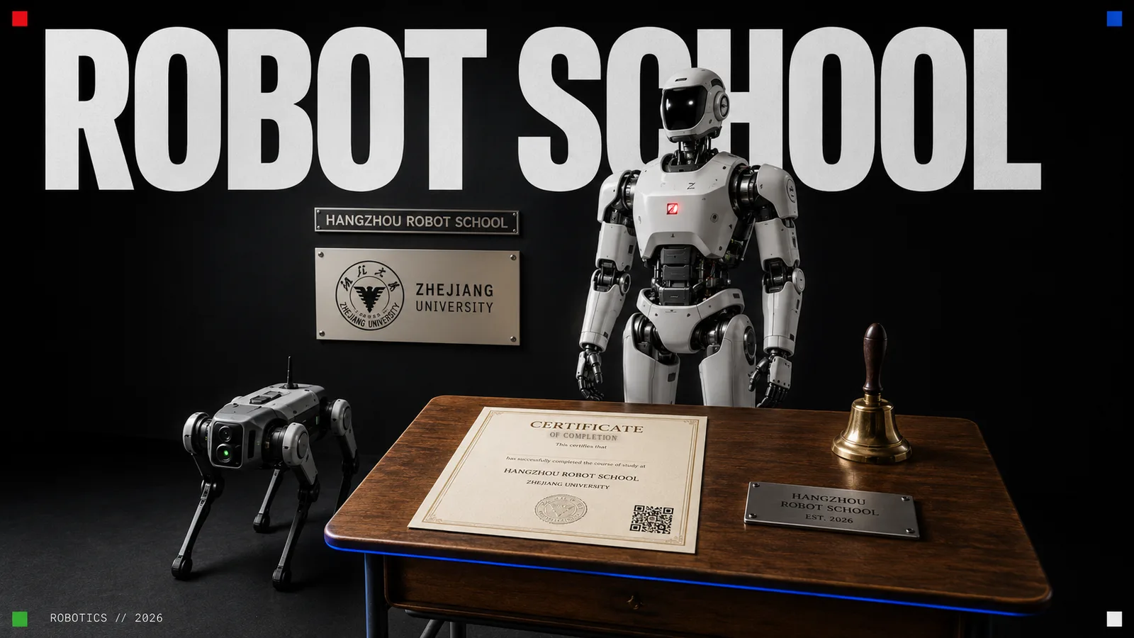 A white humanoid robot and a grey quadruped robot beside a wooden desk carrying a printed skills certificate from the Hangzhou Robot School, a machine code printed on it, under the words ROBOT SCHOOL
