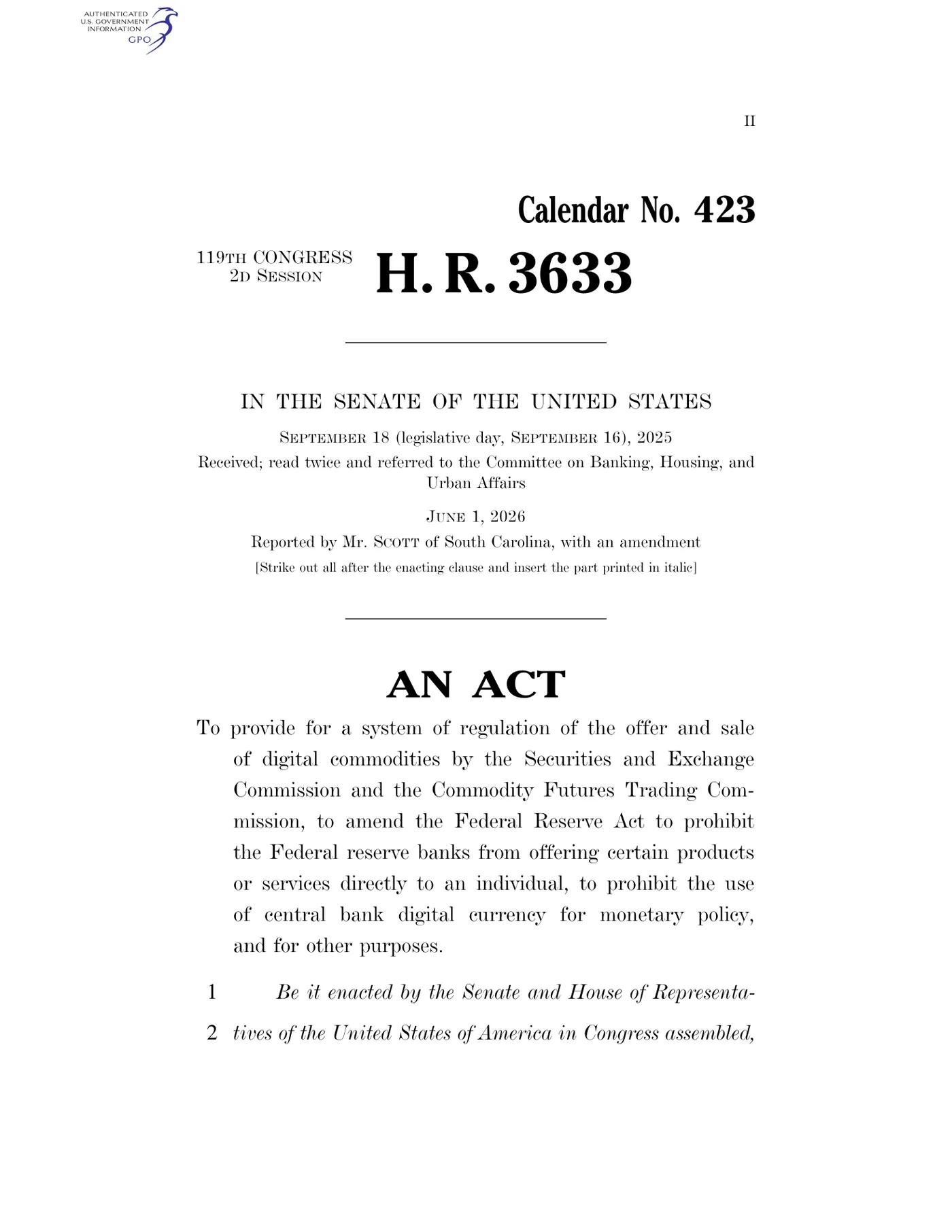 Cover page of H.R. 3633 as received in the Senate, headed Calendar No. 423, 119th Congress, 2d Session, received and read twice on 18 September 2025 and referred to the Committee on Banking, Housing, and Urban Affairs, reported by Mr. Scott of South Carolina on 1 June 2026 with an amendment striking out all after the enacting clause
