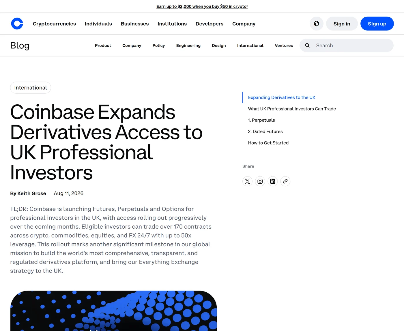 Screenshot of the Coinbase blog post headed Coinbase Expands Derivatives Access to UK Professional Investors, by Keith Grose, dated 11 August 2026, showing the TL;DR paragraph about Futures, Perpetuals and Options with over 170 contracts and up to 50x leverage.