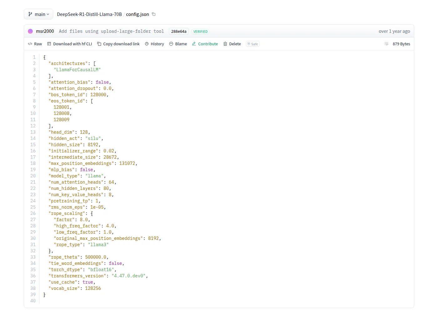 Hugging Face file view of DeepSeek-R1-Distill-Llama-70B's config.json, showing architectures LlamaForCausalLM, model_type llama, rope_type llama3 and vocab_size 128256