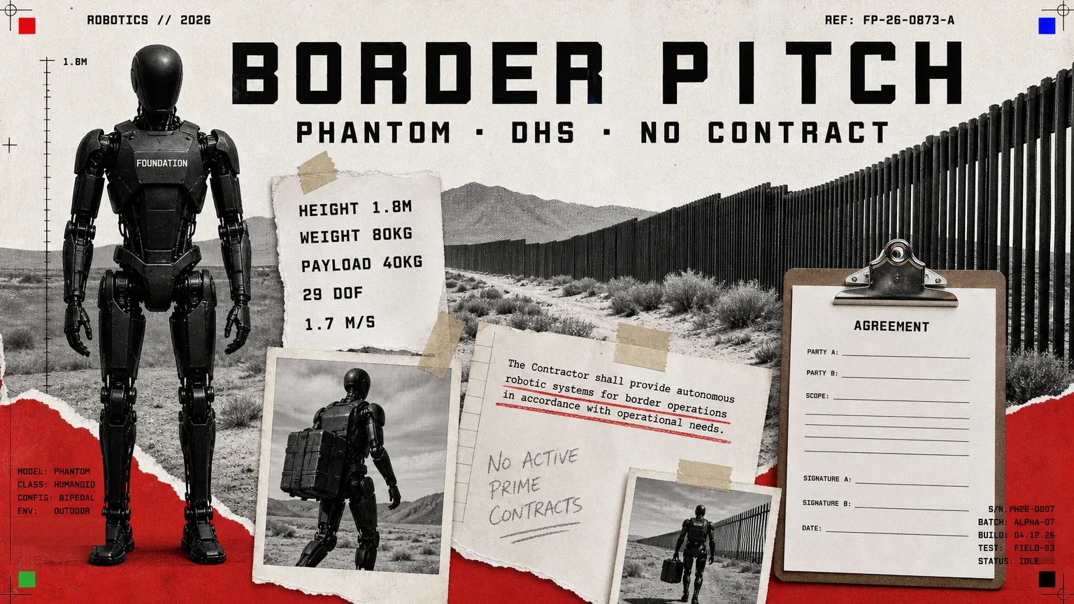 Editorial collage headed PITCHED in square monospaced extrabold type: a black humanoid robot standing on scrubland beside a steel border fence, a printed spec sheet listing height 5 feet 11 and payload 40kg with the payload line ringed in pencil, and a clipboard holding a blank pilot agreement form