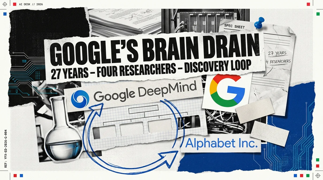 A Google DeepMind organisation chart with four researcher name plates lifted out of it and set against the logo of a new company called Discovery Loop